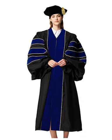 Deluxe Doctoral Graduation Gown with Gold Piping and Doctoral Tam Package (Royal Blue Velvet)