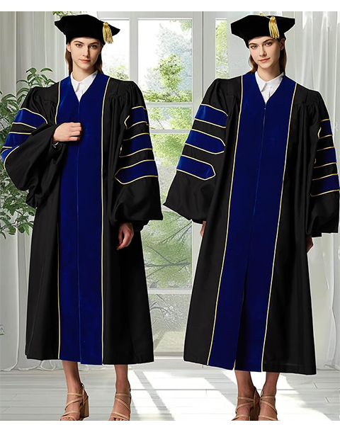 Deluxe Doctoral Graduation Gown with Gold Piping and Doctoral Tam Package (Royal Blue Velvet)