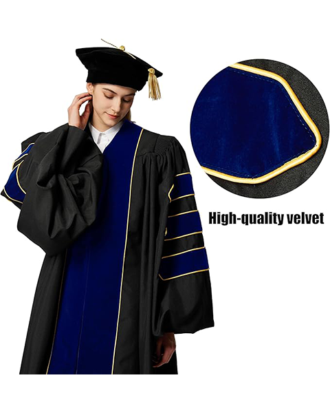 Deluxe Doctoral Graduation Gown with Gold Piping and Doctoral Tam Package (Royal Blue Velvet)