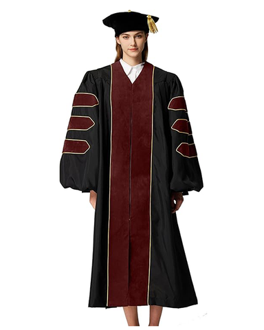 Deluxe Doctoral Graduation Gown with Gold Piping and Doctoral Tam Package (Maroon Velvet)