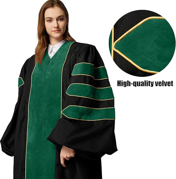 Deluxe Doctoral Graduation Gown|Graduation Regalia|PHD Gown with Gold Piping (Emerald Green Velvet)