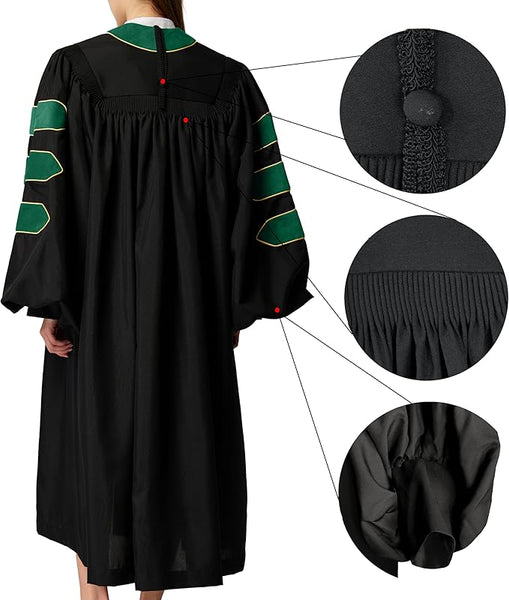 Deluxe Doctoral Graduation Gown|Graduation Regalia|PHD Gown with Gold Piping (Emerald Green Velvet)