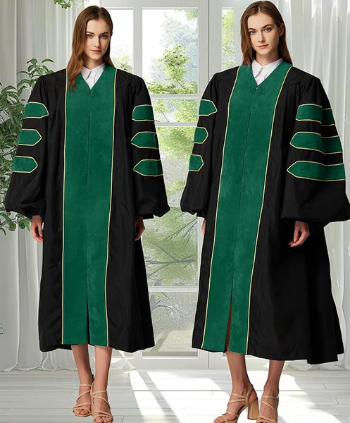 Deluxe Doctoral Graduation Gown|Graduation Regalia|PHD Gown with Gold Piping (Emerald Green Velvet)