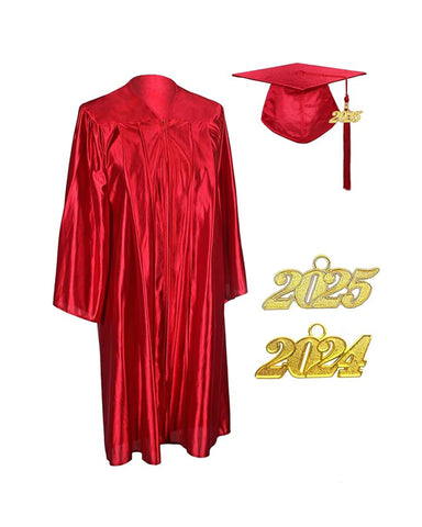 Unisex  Shiny Graduation Cap & Gown with Tassel 2025 Year Charm Rich Color（Red）