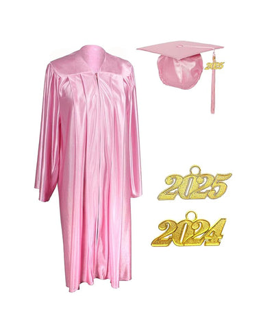 Unisex  Shiny Graduation Cap & Gown with Tassel 2025 Year Charm Rich Color（Pink）