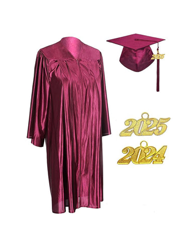 Unisex  Shiny Graduation Cap & Gown with Tassel 2025 Year Charm Rich Color（Maroon）