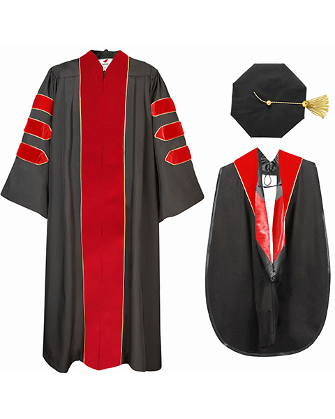 Deluxe Doctoral Graduation Gown with Gold Piping Plus Doctoral Tam and Doctoral Hood  Package（Rich Color）