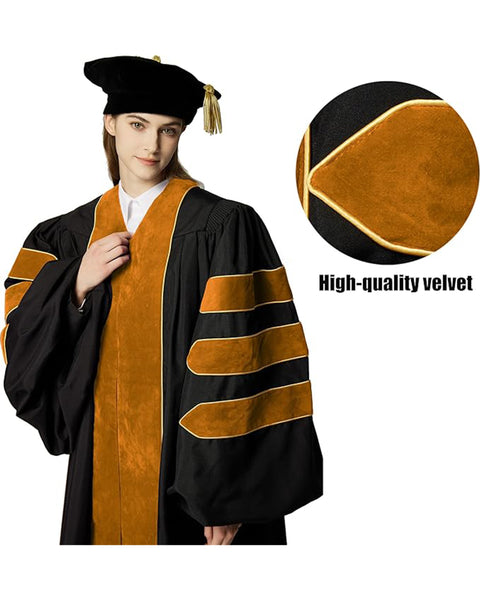 Deluxe Doctoral Graduation Gown with Gold Piping and Doctoral Tam Package (Gold Velvet)