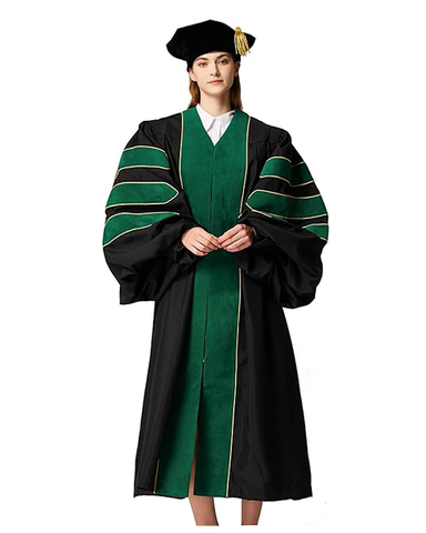 Deluxe Doctoral Graduation Gown with Gold Piping and Doctoral Tam Package (Emerald Green Velvet)