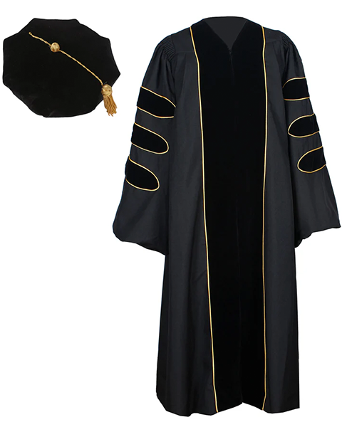 Deluxe Doctoral Graduation Gown with Gold Piping and Doctoral Tam Package (Black Velvet)