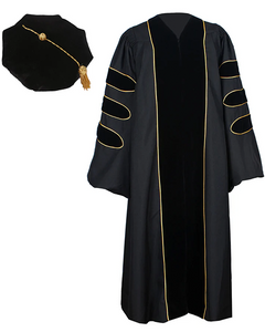 Deluxe Doctoral Graduation Gown with Gold Piping and Doctoral Tam Package (Black Velvet)
