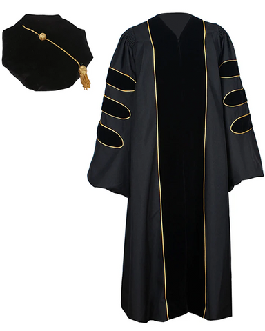 Deluxe Doctoral Graduation Gown with Gold Piping and Doctoral Tam Package (Black Velvet)