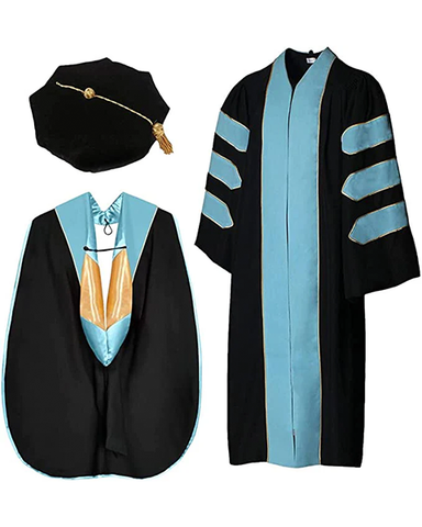 Deluxe Doctoral Graduation Gown with Gold Piping Plus Doctoral Tam and Doctoral Hood Package