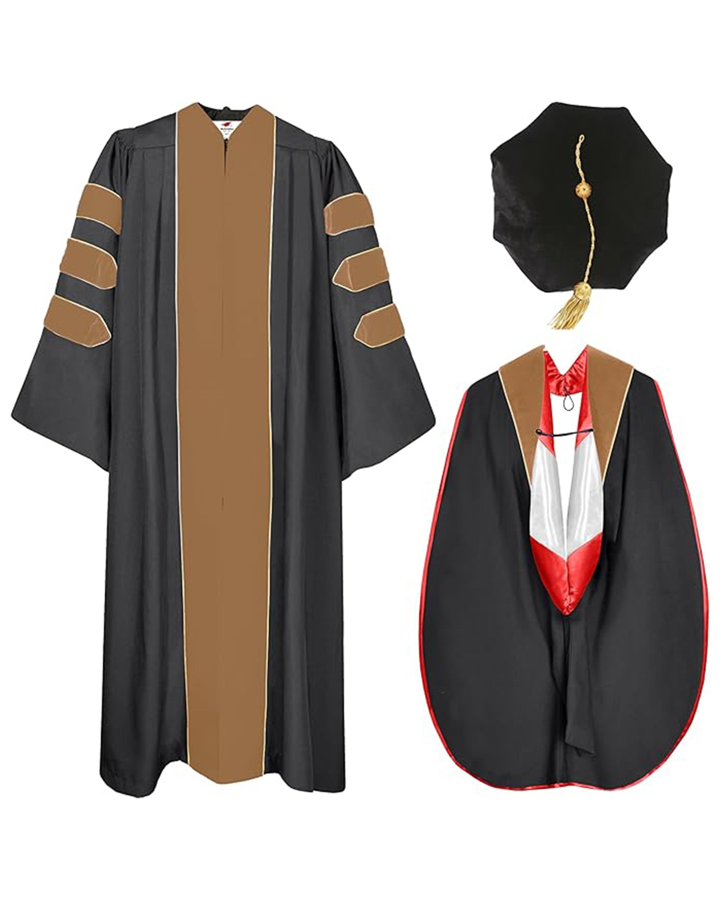Deluxe Doctoral Graduation Gown with Gold Piping Plus Doctoral Tam and Doctoral Hood  Package