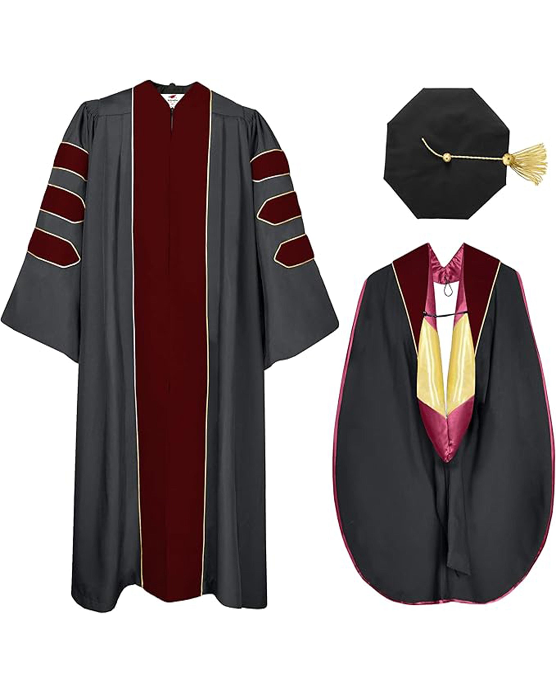 Deluxe Doctoral Graduation Gown with Gold Piping Plus Doctoral Tam and Doctoral Hood  Package