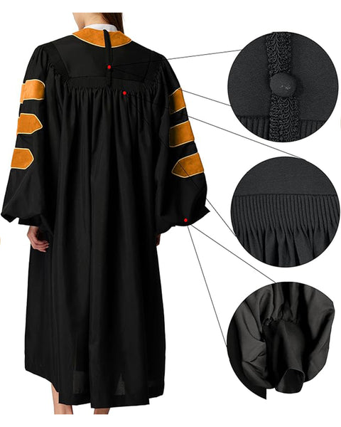 Deluxe Doctoral Graduation Gown with Gold Piping and Doctoral Tam Package (Gold Velvet)
