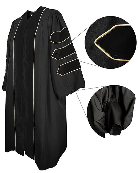 Deluxe Doctoral Graduation Gown with Gold Piping and Doctoral Tam Package (Black Velvet)