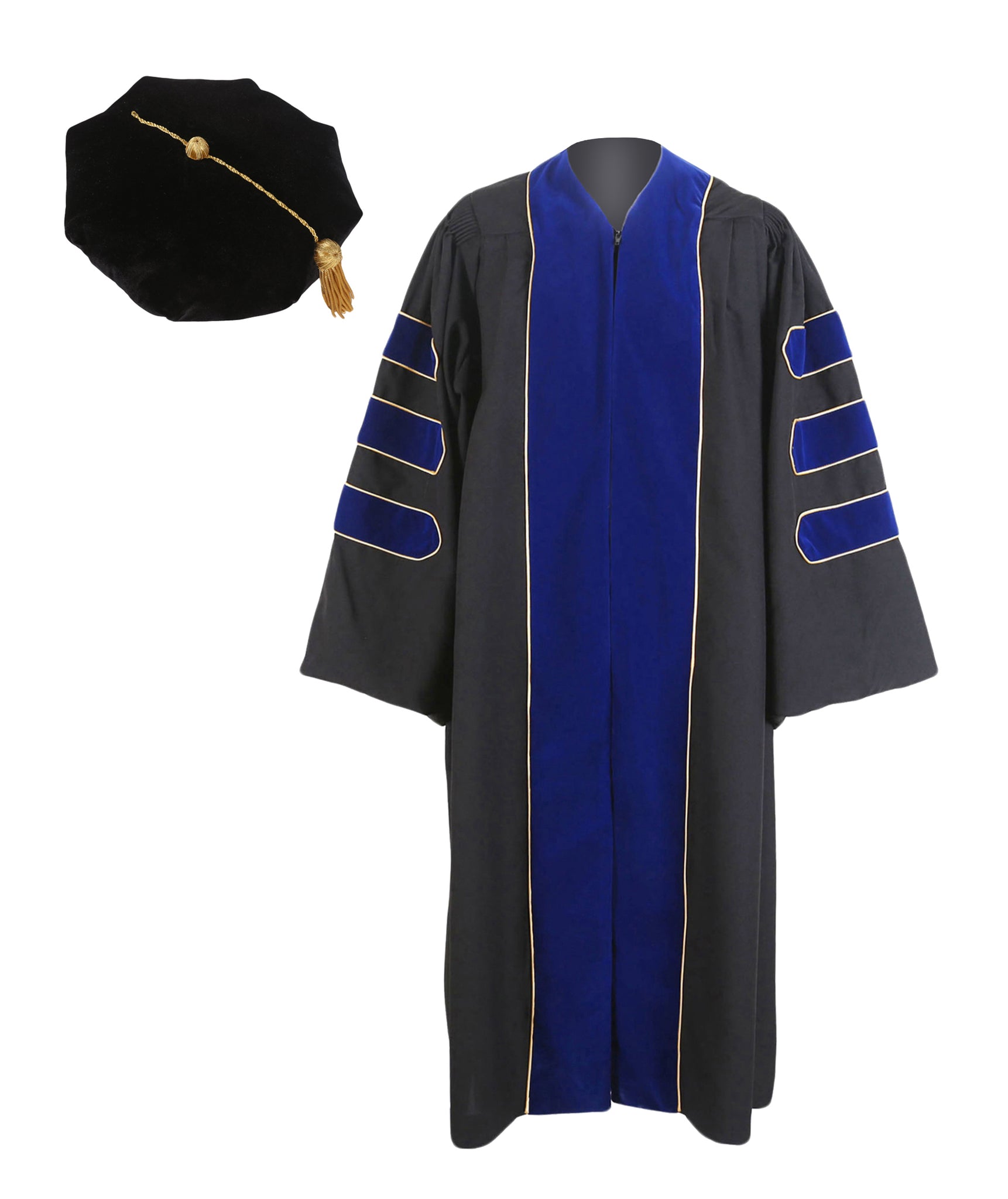 Deluxe Doctoral Graduation Gown with Gold Piping and Doctoral Tam Package (Royal Blue Velvet)