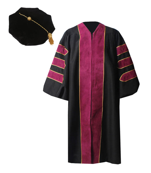 Deluxe Doctoral Graduation Gown with Gold Piping and Doctoral Tam Package（Rose Red）