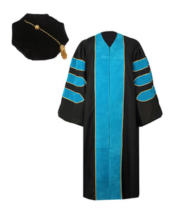 Deluxe Doctoral Graduation Gown with Gold Piping and Doctoral Tam Package (Peacock Blue Velvet)