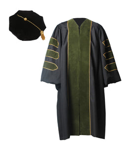 Deluxe Doctoral Graduation Gown with Gold Piping and Doctoral Tam Package (Forest Green Velvet)