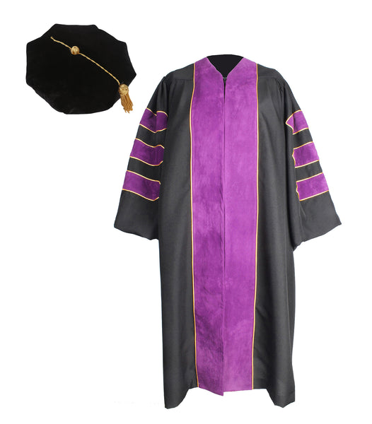 Deluxe Doctoral Graduation Gown with Gold Piping and Doctoral Tam Package (Purple Velvet)