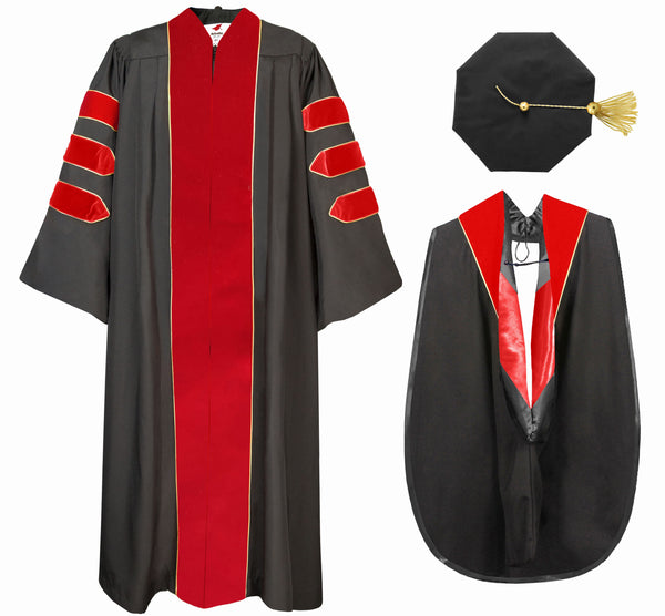 Deluxe Doctoral Graduation Gown with Gold Piping Plus Doctoral Tam and Doctoral Hood  Package