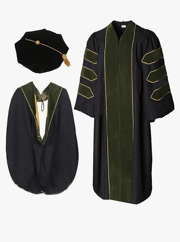 Deluxe Doctoral Graduation Gown with Gold Piping Plus Doctoral Tam and Doctoral Hood  Package