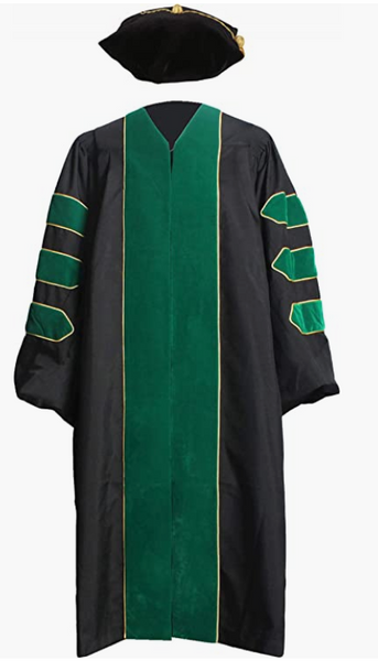 Deluxe Doctoral Graduation Gown with Gold Piping and Doctoral Tam Package (Emerald Green Velvet)