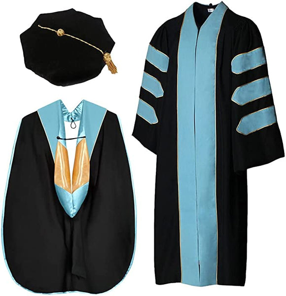 Deluxe Doctoral Graduation Gown with Gold Piping Plus Doctoral Tam and Doctoral Hood Package